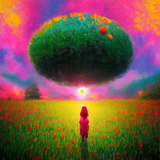 Image similar to girl with surreal exploding flower head, standing in flower field, big trees, sunrise dramatic light, impressionist painting, colorful clouds, digital painting, pointillism, artstation, simon stalenhag