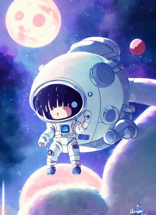 Prompt: portrait of cute kawaii astronaut android floating around a large biomechanical kaiju dragon, nebulous background of dynamic space, a dramatic composition by wlop and greg rutkowski and makoto shinkai and studio ghibli and kyoto animation cute bubbly clothing