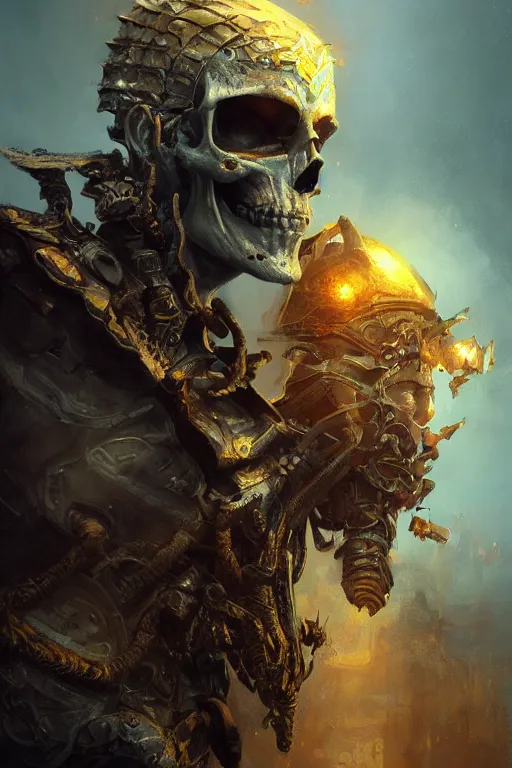 Image similar to concept art skull warrior, close - up portrait, powerfull, intricate, elegant, volumetric lighting, scenery, digital painting, highly detailed, artstation, sharp focus, illustration, concept art, ruan jia, steve mccurry