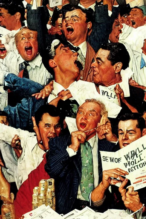 Prompt: the wolf of wall street painted by Norman Rockwell