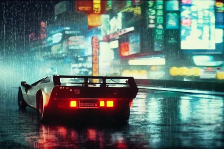 Image similar to a 1 9 7 8 mclaren f 1, speeding down tokyo highway in the rain, night time, neon lights, thunderstorm, movie still from the movie bladerunner 2 0 4 9