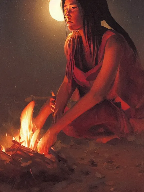 Image similar to an ultradetailed beautiful portrait painting of an female tribe native at a campfire at night, side view, oil painting, high resolution, by ilya kuvshinov, greg rutkowski and makoto shinkai