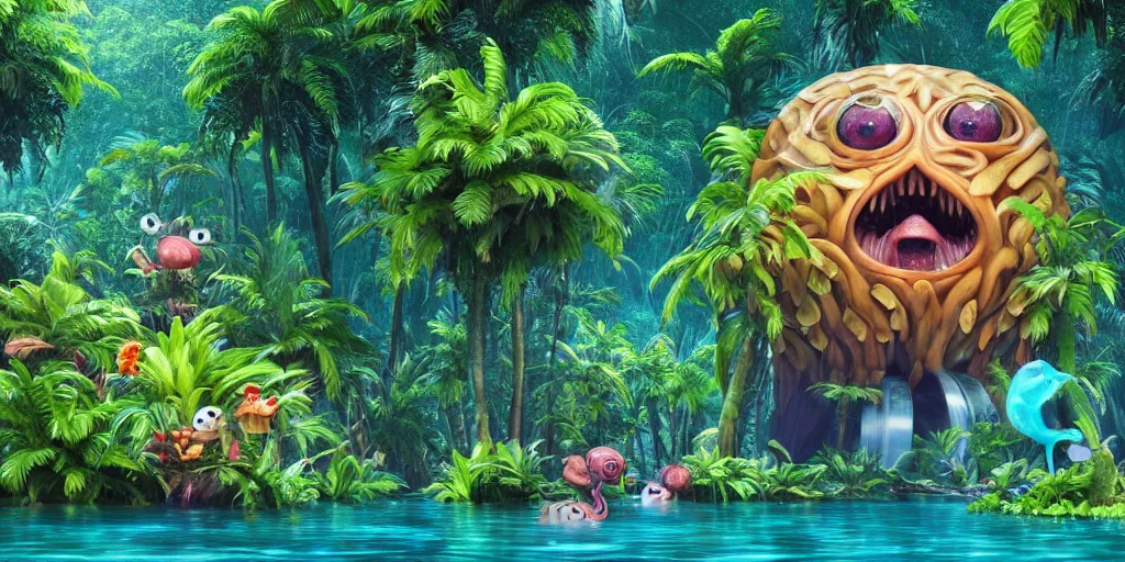 Image similar to of a tropical rainforest lake with strange cute friendly happy creatures with huge eyes, mouth, long tongue, round teeth and goofy face, appearing from the water, in the style of gehry and gaudi, macro lens, shallow depth of field, ultra detailed, digital painting, trending artstation, concept art, illustration, cinematic lighting, photorealism, epic, octane render