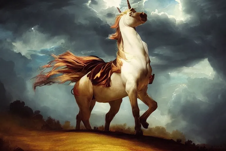 Image similar to a unicorn in the style of Caravaggio, walking across a rainbow. Beautiful clouds, highly detailed. Greg Rutkowski, digital art. Trending on artstation. Dramatic composition and beautiful light.