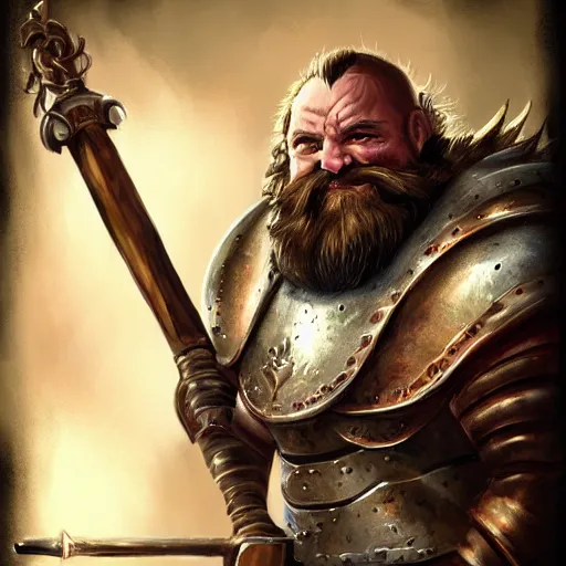 Image similar to middle - aged dwarven male, auburn hair and beard, wearing cataphract armor, wielding a large hammer, fantasy art, dungeons and dragons, concept art, trending on artstation