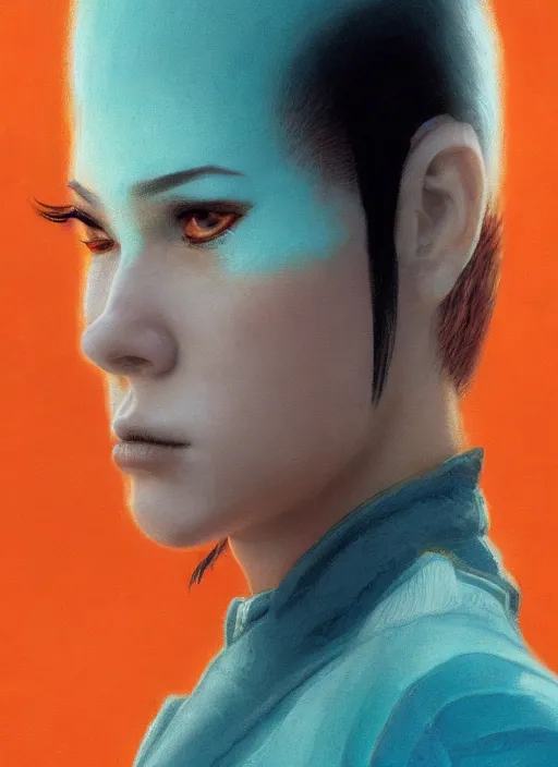 Image similar to symmetry!!! closeup portrait! of a samurai cyborg girl, racer jumpsuit, in clouds, cinematic light, windy, teal orange, volumetric smoke, by gerald brom, by mikhail vrubel, by peter elson, muted colors, extreme detail, trending on artstation, 8 k