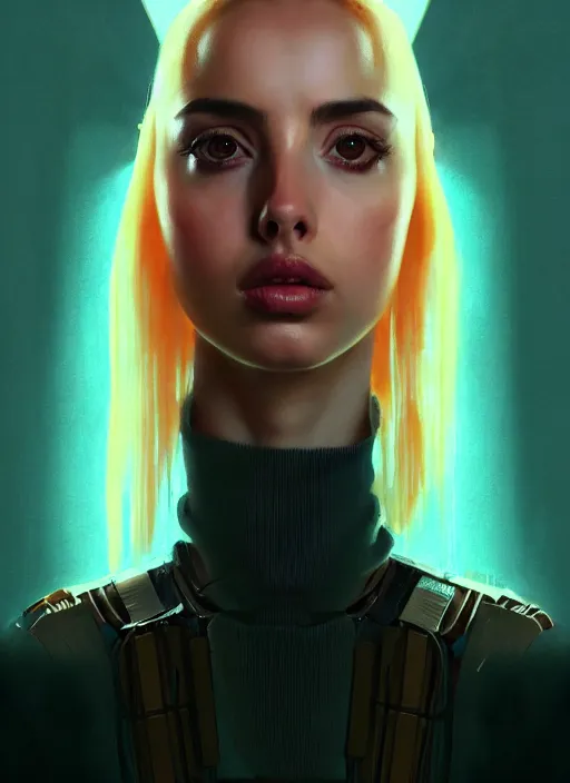 Image similar to hyper realistic zoomed out portrait of ana de armas wearing clothes from the fifth element, rachael rosen from blade runner, by hsiao ron cheng, ngai victo, nivanh chanthara jean delville wlop and dougherty patrick, trending on artstation, soft light