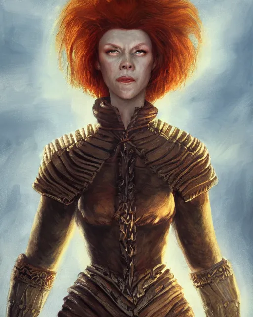 Image similar to the elder scrolls vi, charismatic rugged female redhead breton mage portrait, illustration, rim light, top light, perfectly shaded, golden hour, epic, intricate, soft painting, art by mark kent, jordan lamarre - wan, igor kieryluk, maxim verehin, miranda meeks