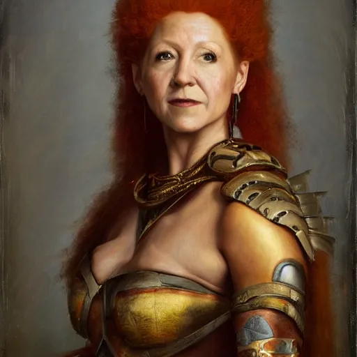 Image similar to the portrait of bonnie langford as an amazon warrior queen by roberto ferri, fantasy, witcher, very detailed oil painting, masterpiece, 8 k, full face