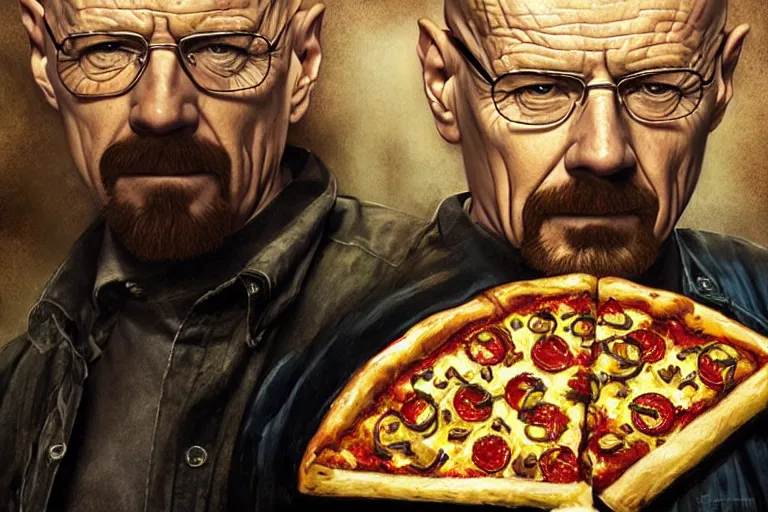 Prompt: epic portrait of walter white with pizza on his head from breakingbad, detailed, digital painting, artstation, concept art, donato giancola, joseph christian leyendecker, wlop, boris vallejo, breathtaking, high details, extremely detailed, establishing shot, artistic, hyper realistic, still shot from breakingbad series - h 1 2 8 0