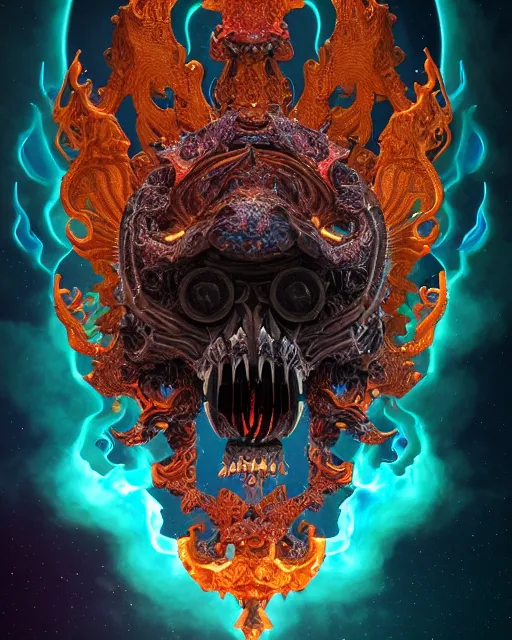 Image similar to 3 d ornate carved dark cosmic horse with profile portrait, sigma 5 0 0 mm f / 5. beautiful intricate highly detailed quetzalcoatl skull. bioluminescent, plasma, lava, ice, water, wind, creature, thunderstorm! artwork by tooth wu and wlop and beeple and greg rutkowski, 8 k trending on artstation