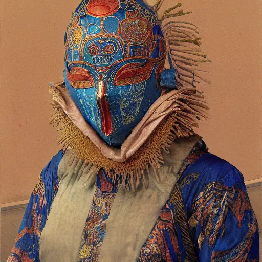 Image similar to portrait of masked Byzantine Tang Dynasty dancer on the art deco streets of the Undying Empire city of ya-Sattra during the Festival of Masks, award-winning realistic sci-fi concept art by Beksinski, Bruegel, Greg Rutkowski, Alphonse Mucha, and Yoshitaka Amano