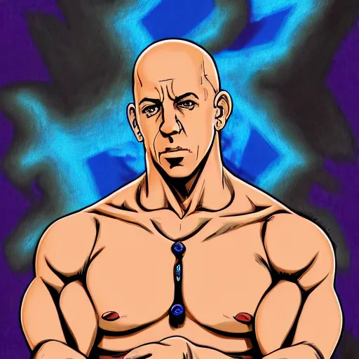 Image similar to Digital painting of Vin Diesel wearing clothes designed by Emilio Pucci walking like a Italian model in JoJo\'s Bizzare Adventure anime style, official media from JoJo\'s Bizzare Adventure, highly detailed, sharp focus, hard shadows, 1990s manga panel, ArtStation, art by Hirohiko Araki