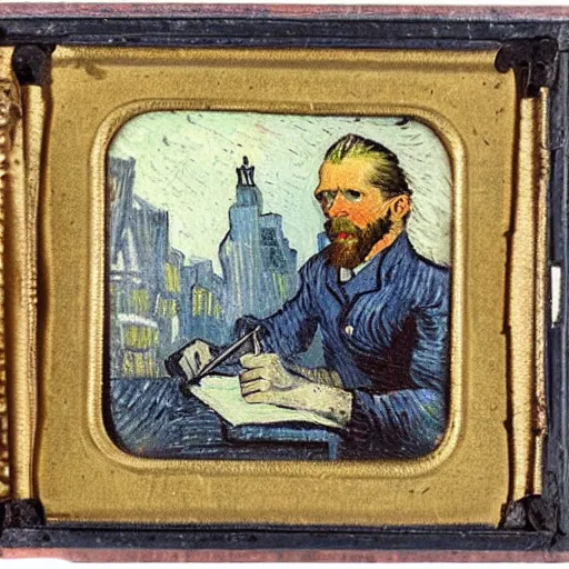 Prompt: 1 9 th century photo of vincent van gogh painting plein air in new york, tin type