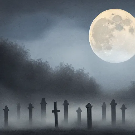 Prompt: Matte Oil painting of the moon above a Cemetery, Atmospheric, Foggy, ghosts, Detailed, photorealistic