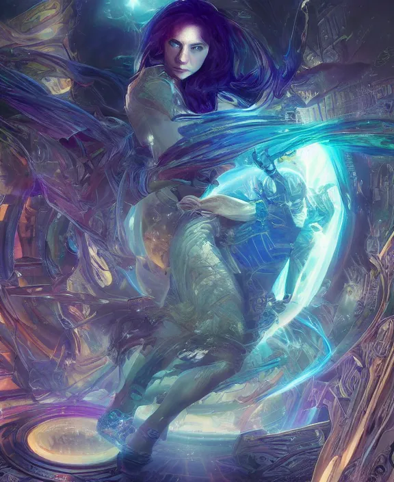 Image similar to a whirlwind of souls rushing inside the metaverse, half body, glowin eyes, tiara with sapphire, pharaoh, android, cyberpunk, d & d, fantasy, intricate, elegant, highly detailed, colorful, vivid color, digital painting, artstation, concept art, art by artgerm and greg rutkowski and alphonse mucha and ruan jia