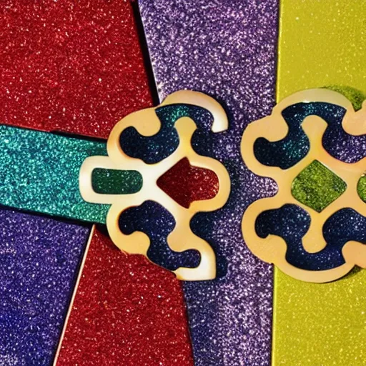 Image similar to Two interlocking puzzle pieces separated by one inch on a glittery surface, hi-res photo