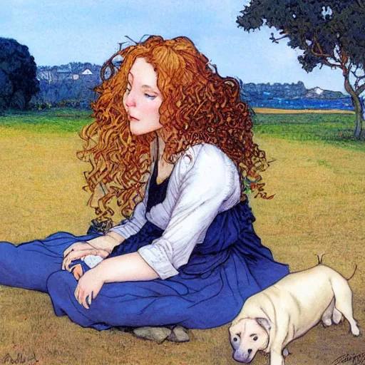 Image similar to pretty girl with curly blonde hair sits next to her white pitbull, sitting on a riverbank watching the sunset, painting by rebecca guay