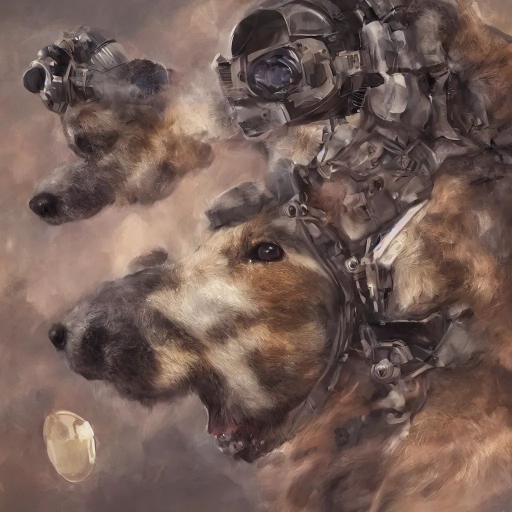 Prompt: a portrait of laika the space dog, mongrel, part terrier, wearing a cosmonaut helmet, high detail, epic digital art, 8 k, trending on artstation, trending on deviant art