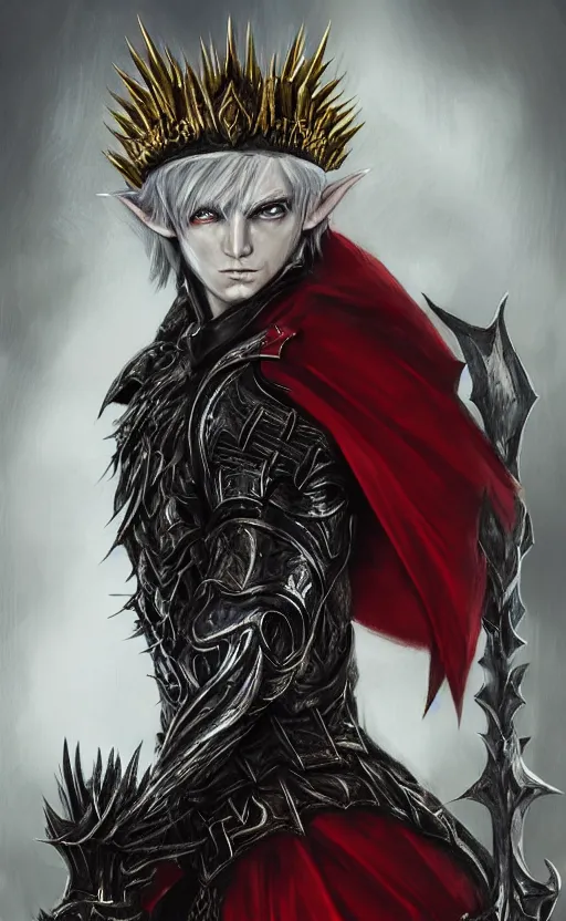 Image similar to A portrait of a male elf, 20 years old, short silver hair, red eyes, wearing a spiked black metal crown, wearing black heavy armor with gold trim, wearing a red cape, lean but muscular, attractive, command presence, royalty, weathered face, smooth, sharp focus, illustration, concept art, highly detailed portrait, muscle definition, fantasy painting, ArtStation, ArtStation HQ