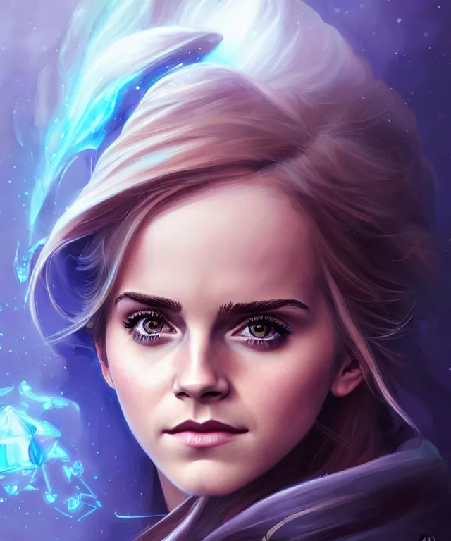 Image similar to Emma Watson as a ice magician, crystal maiden from dota 2, sci-fi, amber eyes, face, long hair, fantasy, intricate, elegant, highly detailed, digital painting, artstation, concept art, smooth, sharp focus, illustration, art by artgerm and greg rutkowski and alphonse mucha