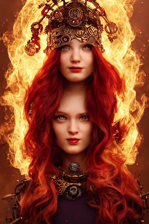 Prompt: a beautiful image of a young woman, steampunk Chandra queen of fire, big googles over her head, long flowing hair glowing with fire, steampunk costume mostly red and gold young female face, cinematic top lighting, insanely detailed and intricate, face by wlop, Charlie Bowater, golden ratio, symmetric, elegant, ornate, luxury, elite, matte painting, cinematic, trending on artstation, deviantart and cgsociety, 8k, high resolution