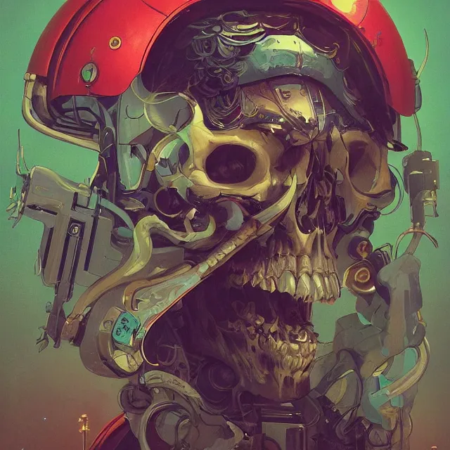 Image similar to a beautiful portrait painting of a ( ( cyberpunk ) ) skull by simon stalenhag and pascal blanche! and alphonse mucha! and nekro. in style of digital art. colorful comic, film noir, symmetry, hyper detailed. octane render. trending on artstation