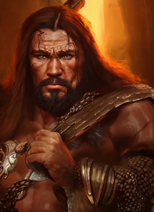 Image similar to comic book style portrait painting of conan the barbarian in a stunning fantasy setting, unreal 5, DAZ, hyperrealistic, octane render, dynamic lighting