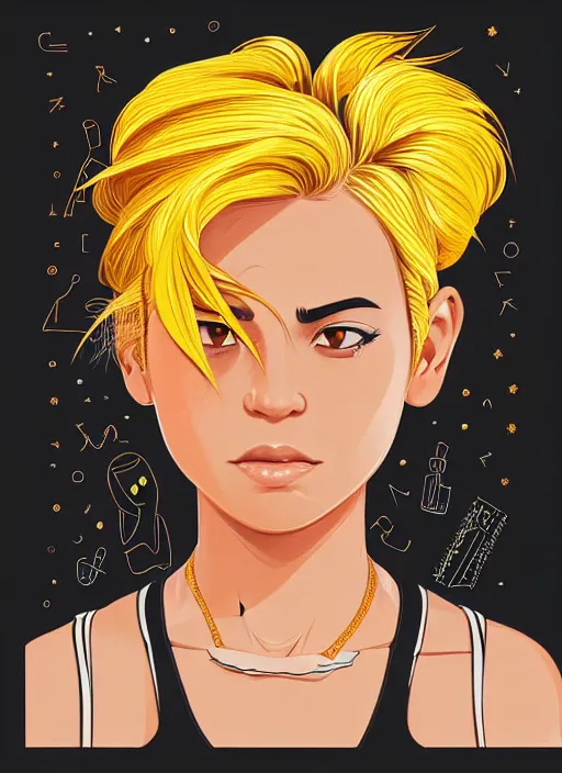 Prompt: character portrait of a cool latina girl with golden yellow messy hair, 2 8 7 hairstyle, wearing a tanktop, lesbian, highly detailed, stylized, medium shot, vector line art, clean cel shaded vector art, by ross tron, lois van baarle, artgerm, helen huang, makoto shinkai, ilya kuvshinov, rossdraws