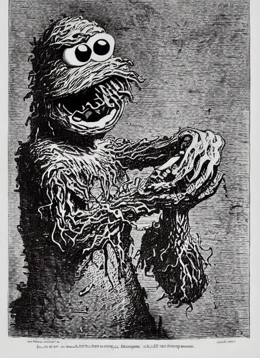 Image similar to cookie monster devours gingerbread men, demon from the dictionarre infernal, etching by louis le breton, 1 8 6 9, 1 2 0 0 dpi scan, ultrasharp detail, clean scan