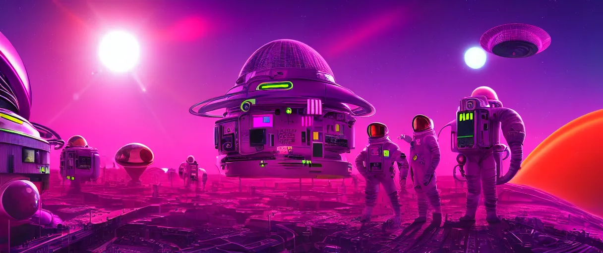 Image similar to hyper detailed neo-surreal 2070s neon purple and red propaganda poster of space workers sharp cinematic lighting 8k wide angle shallow depth of field