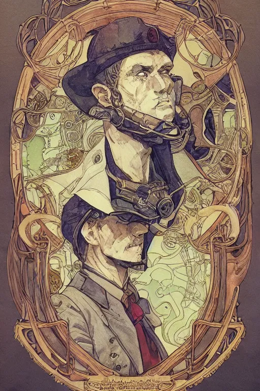 Image similar to zoomed out portrait of a german duke, stylized illustration by yoshitaka amano and moebius, watercolor gouache detailed paintings, mucha vibe, dieselpunk, solarpunk, artstation