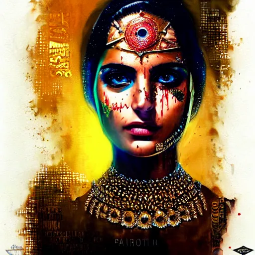 Image similar to portrait of pakistan woman :: side profile :: in ocean :: clockwork details :: gold :: blood and horror :: by marvel and Sandra Chevrier