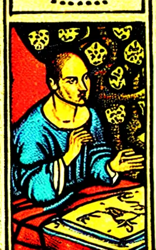 Image similar to The Podcaster, 1500s tarot card