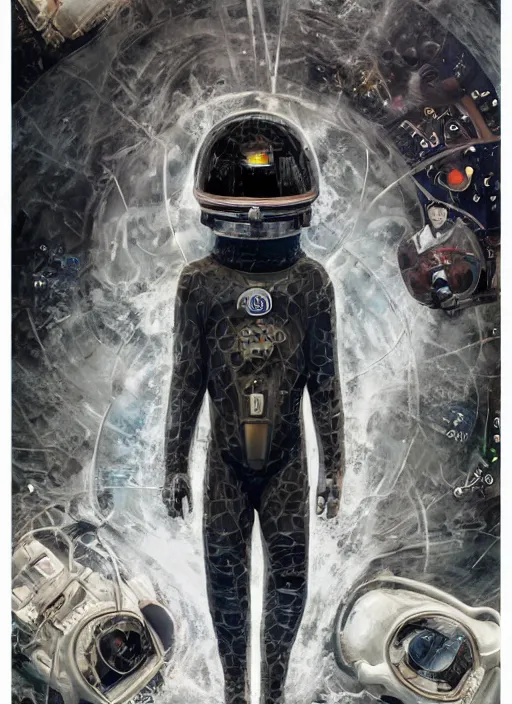Image similar to astronauts in dark and empty void underwater poster - complex and hyperdetailed technical suit. go pro selfie. reflection and dispersion materials. rays and dispersion of light. volumetric light. 5 0 mm, f / 3 2. noise film photo. flash photography. ultra realistic. poster by wayne barlowe, hajime sorayama aaron horkey, craig mullins