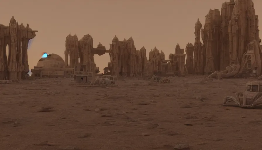 Prompt: mos eisley spaceport in a dust storm with skeletal temple buildings designed by hr giger, hyper realistic octane render, hd, cinematic, george lucas