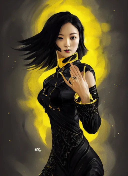 Prompt: a highly detailed illustration of meisa kuroki as short black haired young woman wearing black suit with coattails, yellow eyes, dramatic elegant pose, intricate, elegant, highly detailed, centered, digital painting, artstation, concept art, smooth, sharp focus, league of legends concept art, wlop.