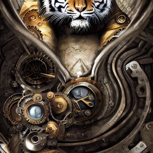 Image similar to Dream, tiger, gears, steampunk. portrait, crown, environment