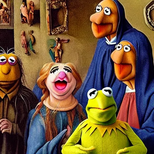 Image similar to realistic painting of muppets at church, in the style of hieronymus bosch and johannes vermeer