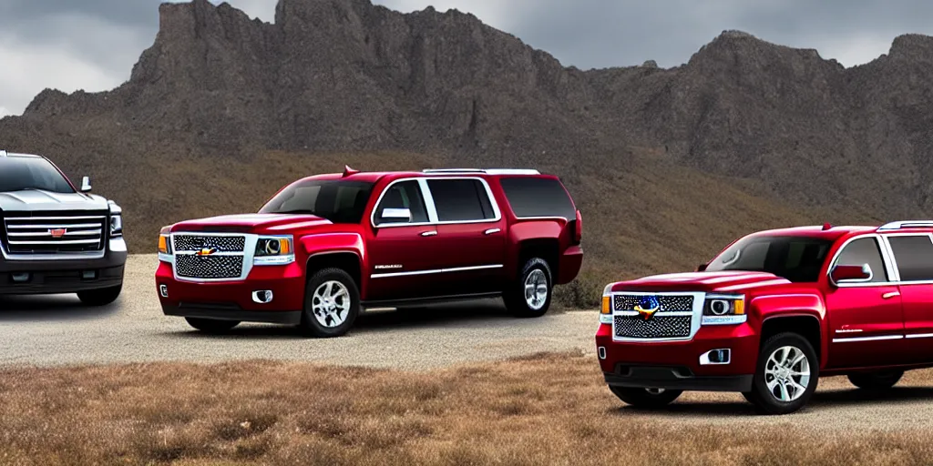 Prompt: A photograph of a red SUV designed from a 2014 Chevrolet Suburban and 2013 GMC Sierra