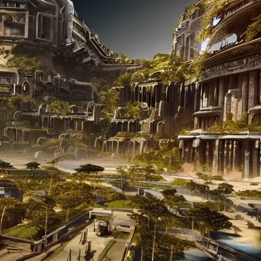 Prompt: a beautiful technologically complex intricate hyper - detailed view of a high - tech futuristic ancient kingdom by stephan martiniere rendered in cryengine and soft shaded in cycles, width 1 0 2 4