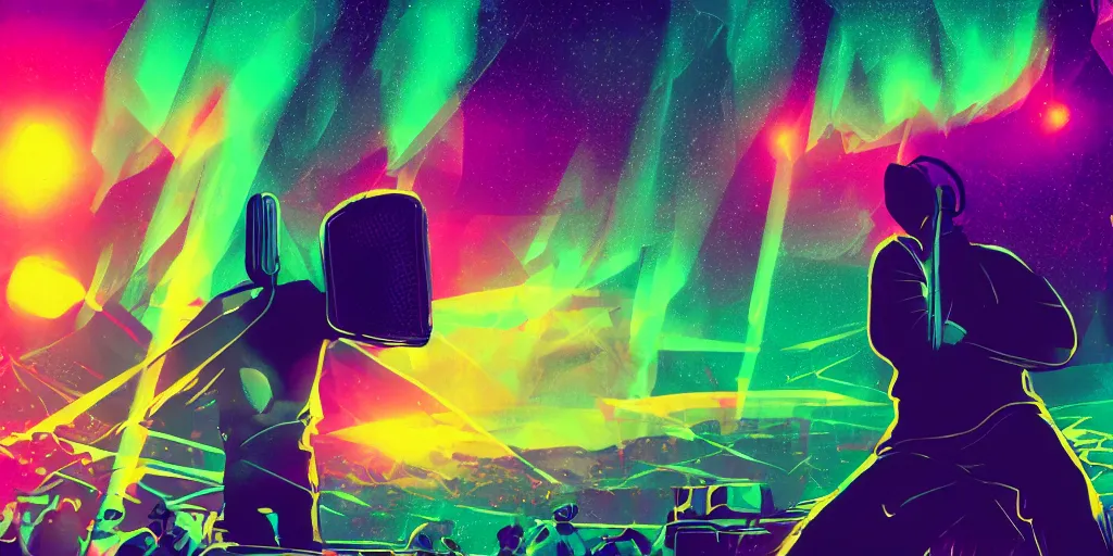 Image similar to rapping into microphone, silhouette, huge crowd, outrun, hip hop, digital art, Aurora borealis, trending on Artstation, professional artist, detailed, 4k