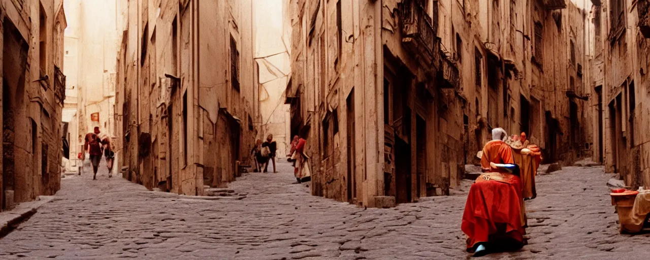 Image similar to featuring spaghetti in ancient roman streets and, sigma 8 0 mm, cinematic lighting, photography, wes anderson, kodachrome