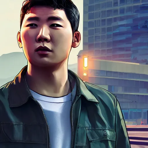 Prompt: kim namjoon in GTA 5 loading screen, full body portrait, concept art, trending in artstation, artstationHD, artstationHQ, highly detailed, 4k