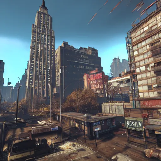 Image similar to new york city in fallout 4, unreal engine, raytracing