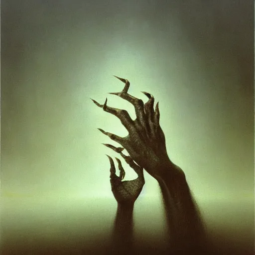 Image similar to arm reaching out of thick fog, zdzislaw beksinski