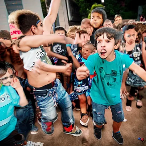 Prompt: kids throwing beans at a kid who has massive crucifixes for his arms, a DJ plays in the background