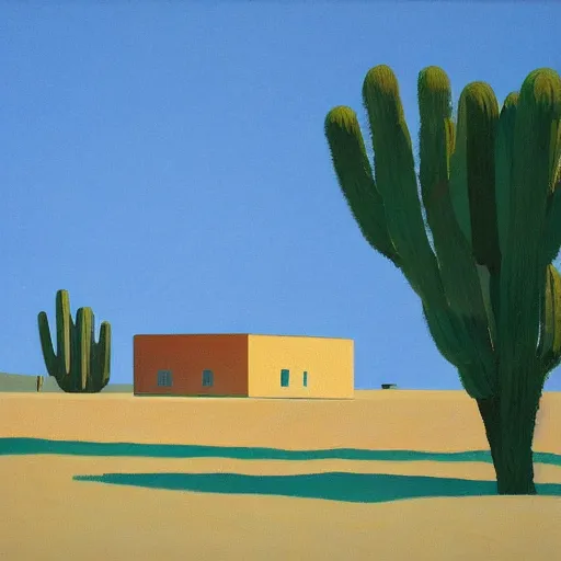 Image similar to motel in a desert rural landscape, painted by Alex Katz and Edward Hopper, airbrush, highly detailed