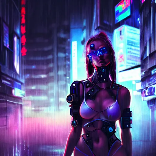 Image similar to An epic comic hyperrealistic painting of a cyber warrior girl, attractive, faces and details painted by WLOP, cyberpunk style color, heavy rainning at tokyo street night, neon lights all around, Matte painting, smoke, cinematic lighting, corona render, arnold render, movie concept art, 8k, RPG portrait, Concept world, rim lights, phtotrealistic, hdri