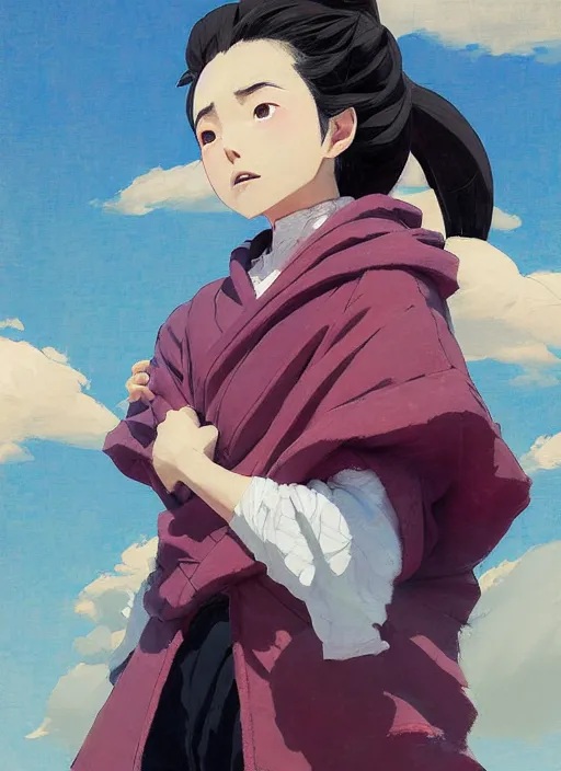 Image similar to portrait of Nezuko from Demon Slayer Anime, countryside, calm, fantasy character portrait, dynamic pose, above view, sunny day, thunder clouds in the sky, artwork by Jeremy Lipkin and Giuseppe Dangelico Pino and Michael Garmash and Rob Rey, very coherent asymmetrical artwork, sharp edges, perfect face, simple form, 100mm